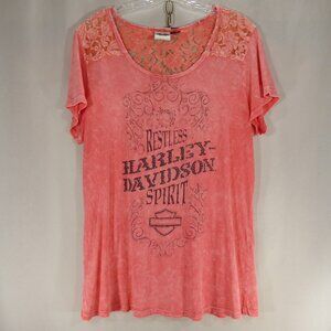 Harley Davidson Womens L Coral Pink Mineral Wash Lace Rhinestone Shirt 96049-15V